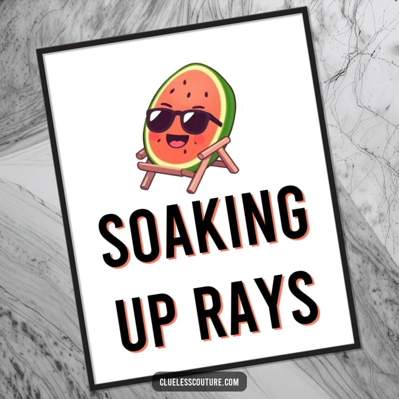 Funny poster of a laughing watermelon slice wearing sunglasses, sunbathing on a tiny beach chair, bringing vacation vibes.