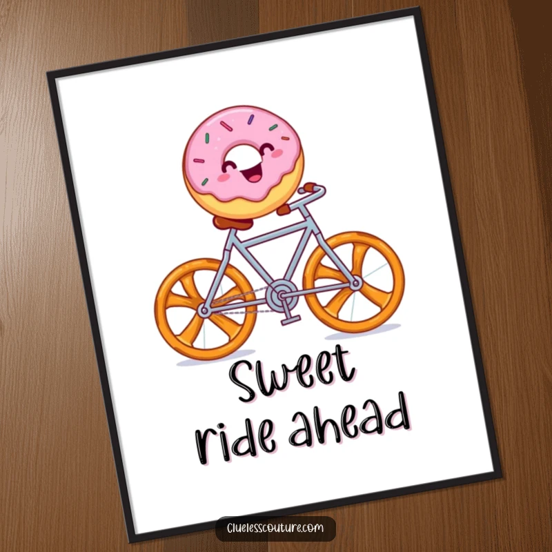 Funny poster showing a cheerful donut with sprinkles riding a pretzel bicycle, delightful whimsical wall art.