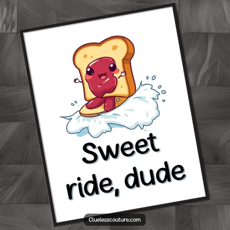 Funny poster print of a piece of toast surfing on a giant wave of jam, humorous breakfast art for walls.