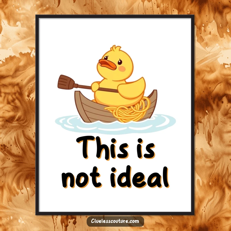 Funny confused rubber duck character trying to paddle a boat made of spaghetti, illustrated poster for wall decor.