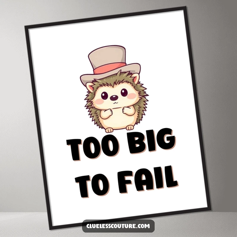 Funny poster of a shy hedgehog comically attempting to wear a much too large, elegant top hat.