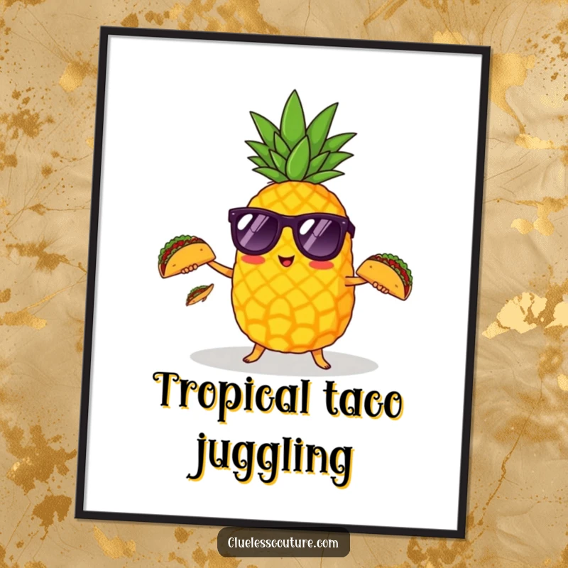 Funny pineapple wearing sunglasses juggling three small tacos, wall art bringing a festive atmosphere.