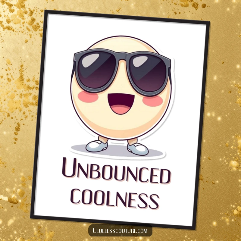 Funny poster showcasing a bouncing ball character wearing large sunglasses and exuding a cool and collected demeanor, a stylish humorous artwork.