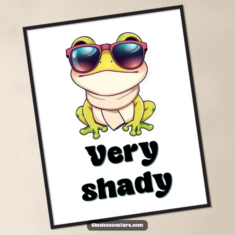 Funny poster featuring a fashionable frog wearing oversized sunglasses and a small scarf, exuding a cool and stylish vibe, perfect wall art.