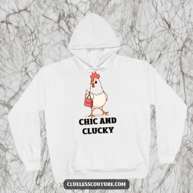 Funny chicken wearing a tiny designer handbag, strutting proudly, depicted on a cozy hoodie.