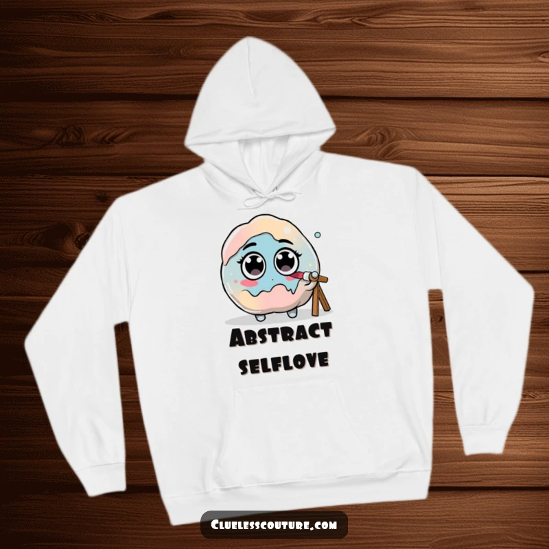 Funny hoodie depicting a blob of paint with googly eyes hilariously attempting to paint itself, showcasing artistic self-reference.