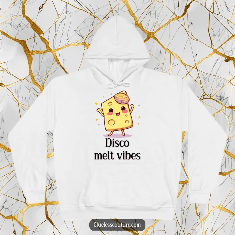 Funny hoodie featuring a slice of cheese grooving under a small, sparkling disco ball.