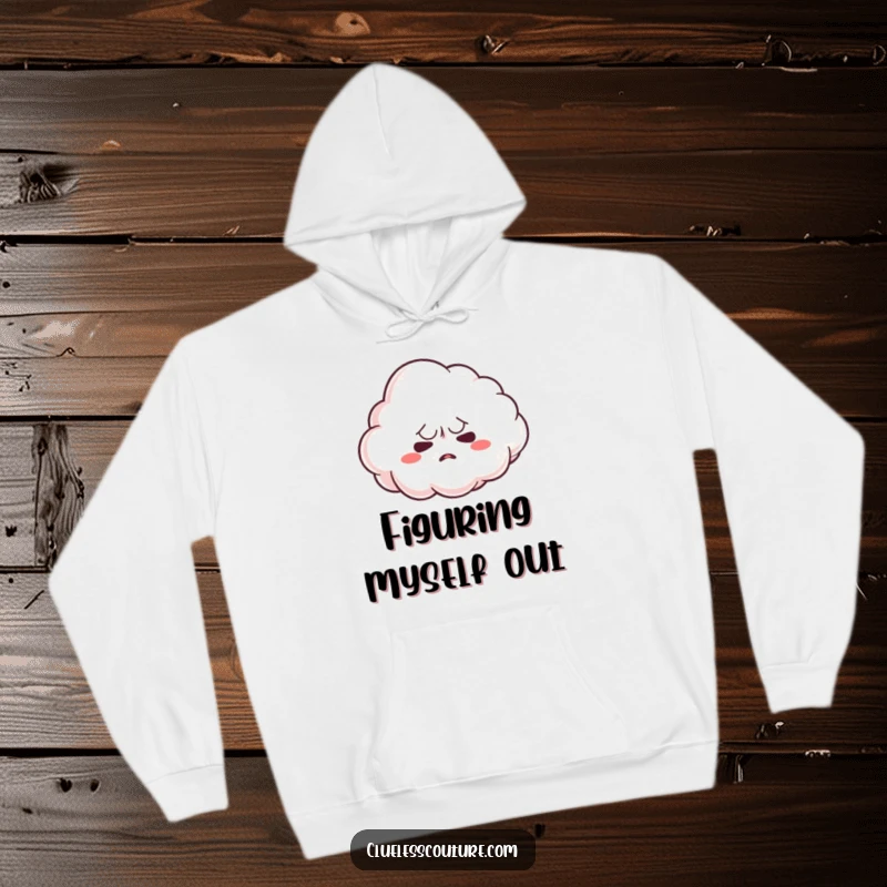 Funny hoodie featuring a nervous cloud character trying to take shape, ideal for cozying up with relatable feelings, a funny gift.