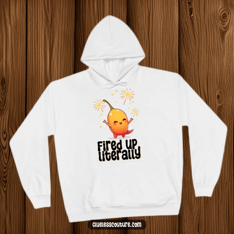Funny hoodie of a cheerful chili pepper character juggling sparkling fireworks, creating a festive and energetic vibe.