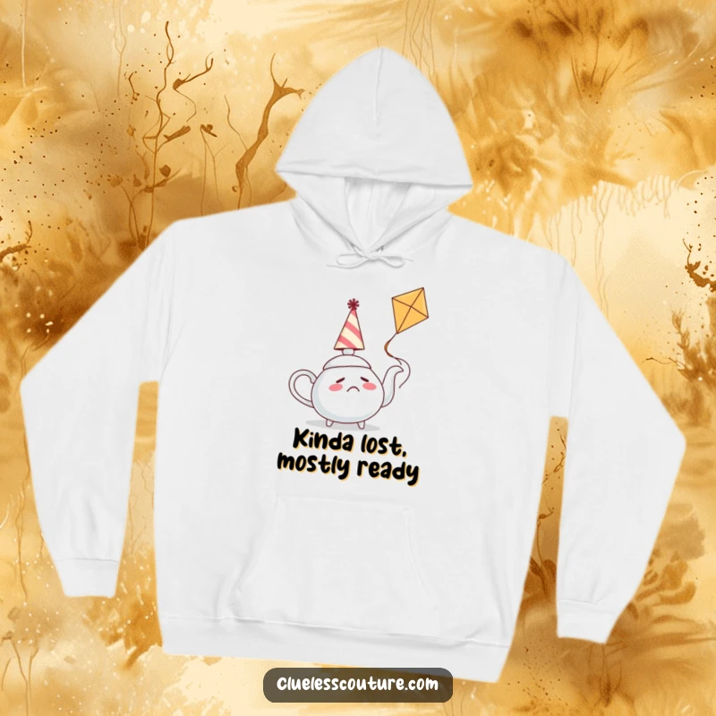 Funny hoodie graphic of a confused teapot in a party hat bravely trying to fly a kite, offering cozy and comical vibes.