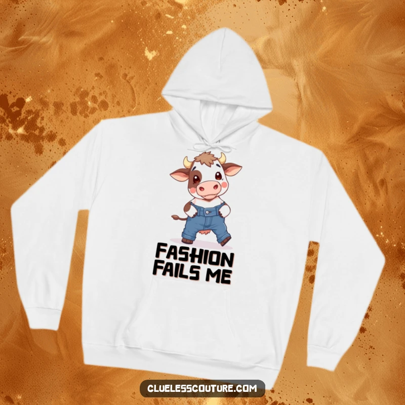 Funny hoodie showing a bewildered cow in a comical struggle to put on a pair of skinny jeans, a cozy and humorous clothing item.