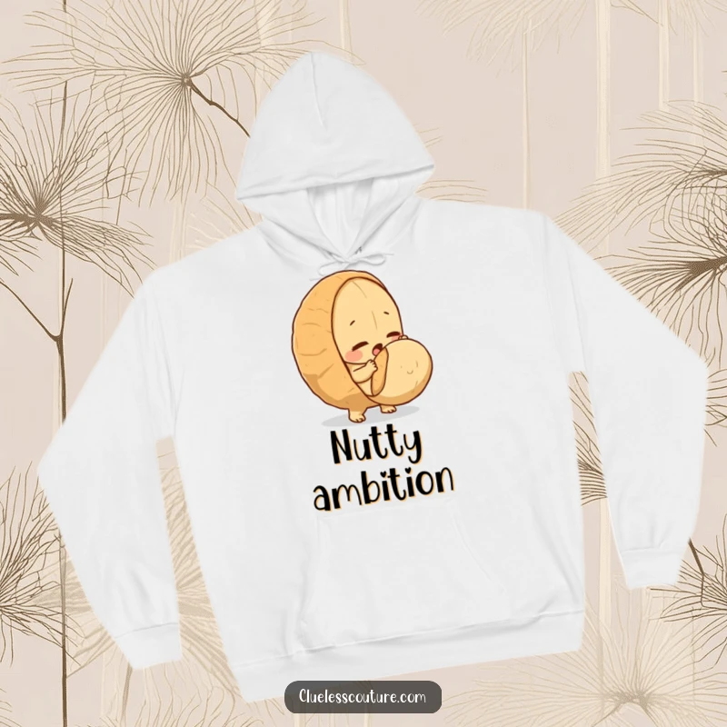 Funny hoodie graphic of a determined peanut making a heroic attempt to crack a giant nut.