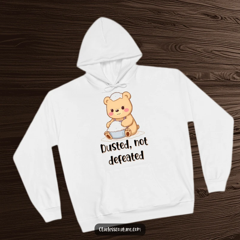 Funny hoodie design of a bear buried in flour, a hilarious depiction of a baking disaster, perfect for comfort.