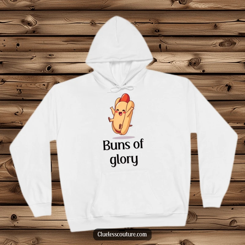 Funny hot dog hoodie featuring a delighted hot dog doing a cartwheel inside its bun, offering warmth and playful vibes.