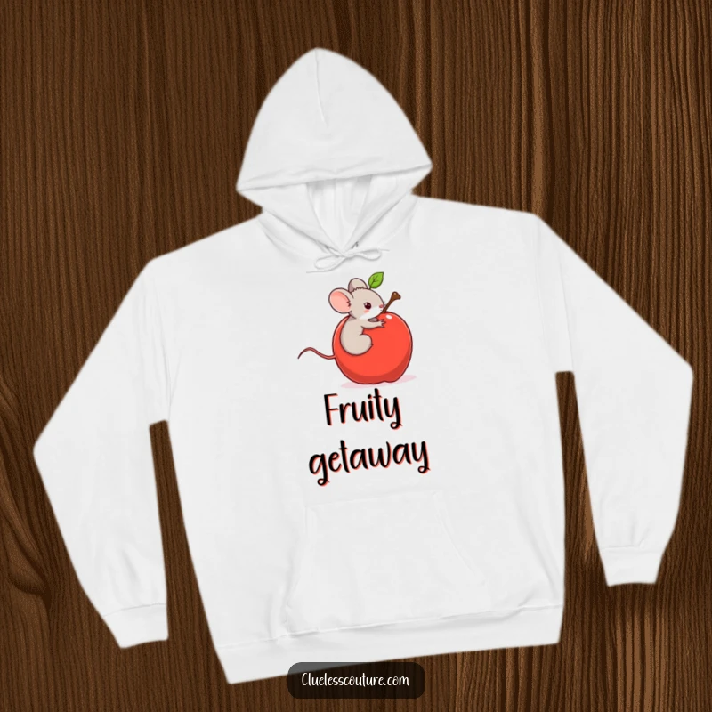 Funny hoodie featuring a tiny mouse clinging to a runaway rolling apple, depicting a hilarious, accidental adventure in motion.