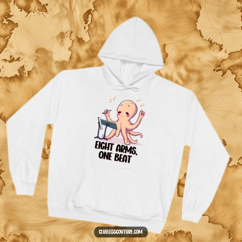 Funny hoodie design of a confused octopus comically directing an orchestra with all eight arms, perfect for warmth.