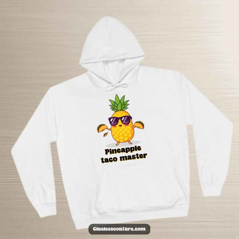 Funny pineapple wearing sunglasses attempts to juggle three tiny tacos, designed on a warm hoodie.