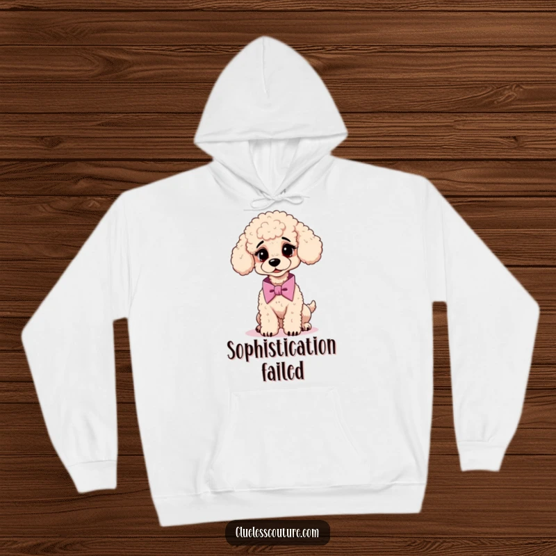 Funny hoodie featuring a confused poodle attempting to tie a cravat, ideal for cozy, dapper humor.