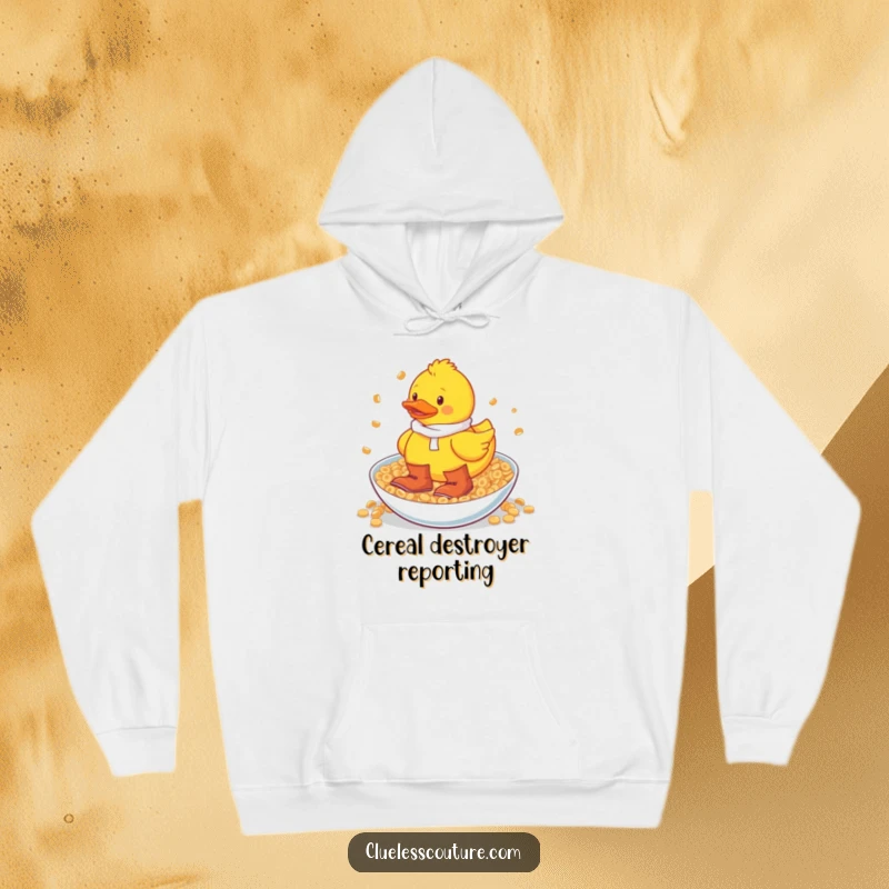 Funny rubber duck in oversized boots wading through a huge bowl of cereal, printed on a cozy hoodie.