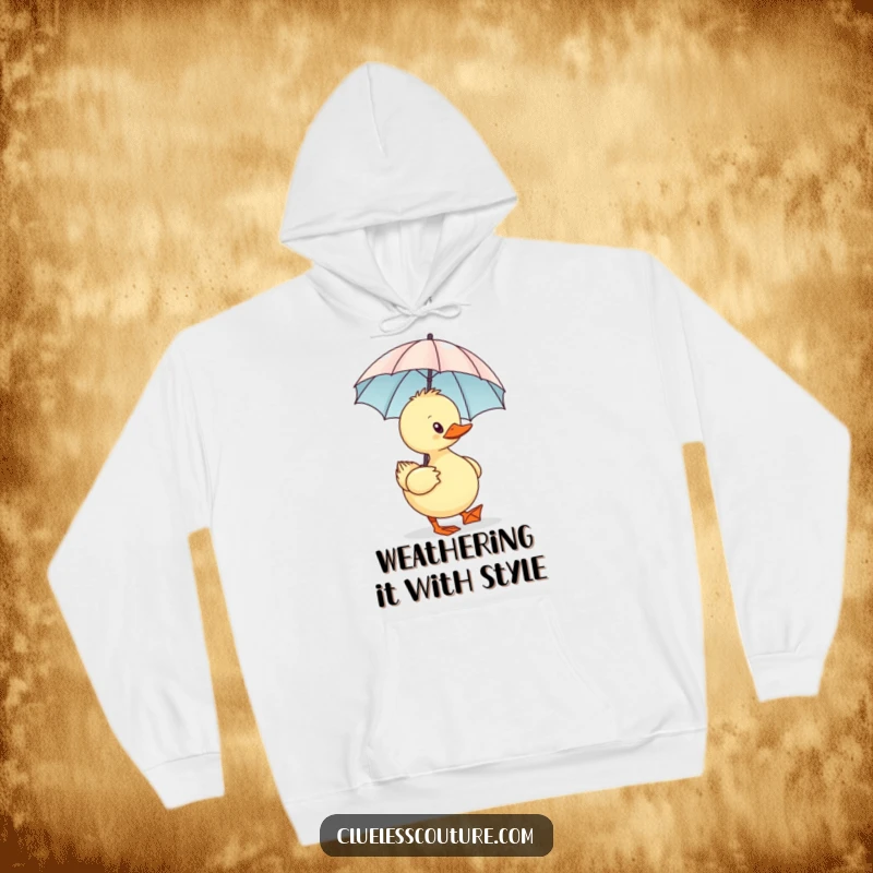 Funny Sassy Duck Hoodie, strutting with a minuscule designer umbrella, exuding a sassy vibe, ideal for humorous warmth.