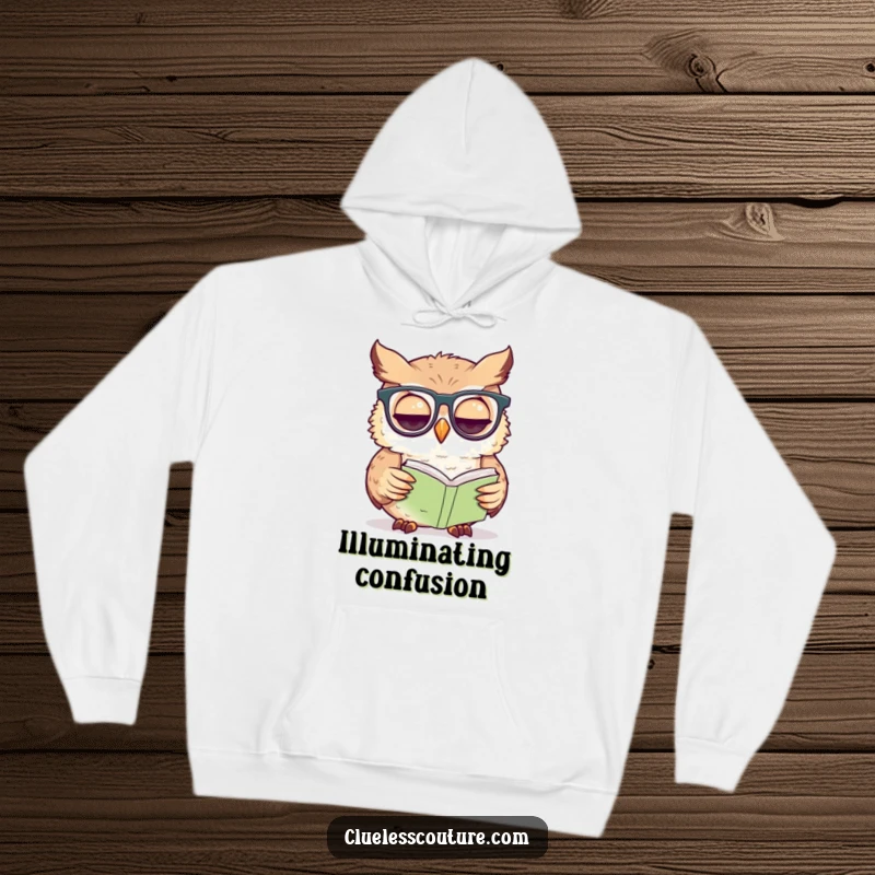 Funny owl hoodie with a bewildered owl wearing glasses, attempting to read a miniature book, offering warmth and humor.