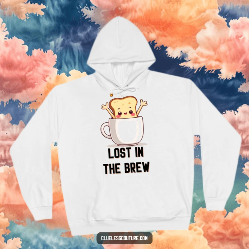 Funny hoodie featuring a sentient toast slice character humorously falling into a giant coffee mug, offering warmth and breakfast-themed laughs.