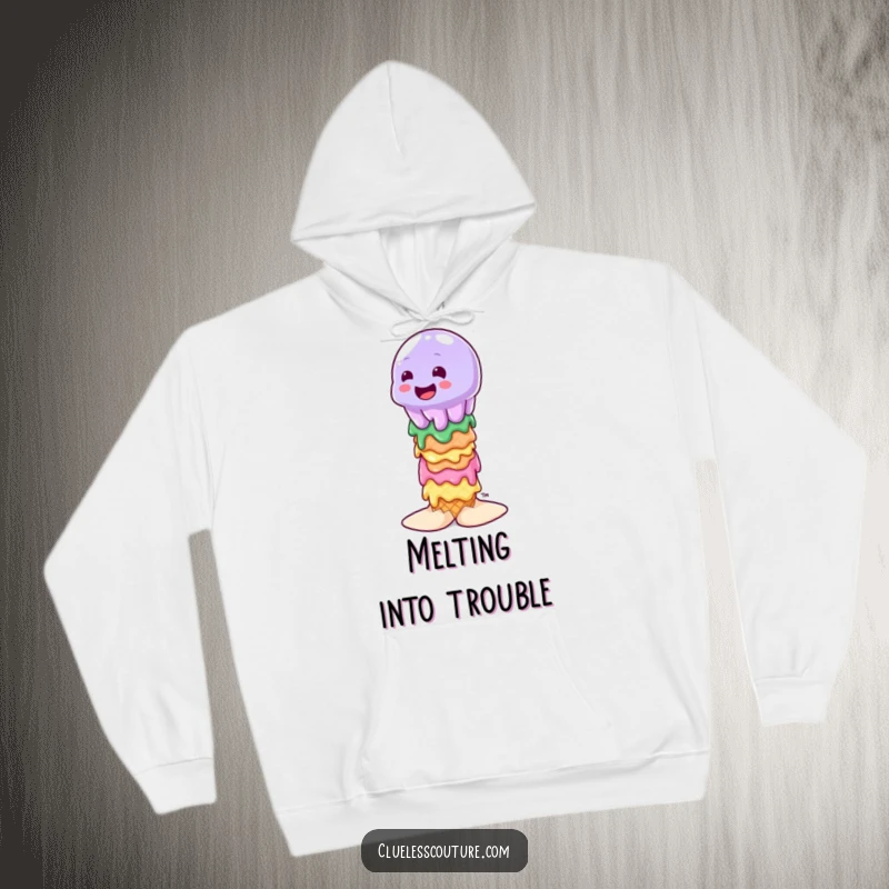 Funny wobbly jelly character attempting to balance on a stack of melting ice cream cones, graphic on a cozy hoodie.