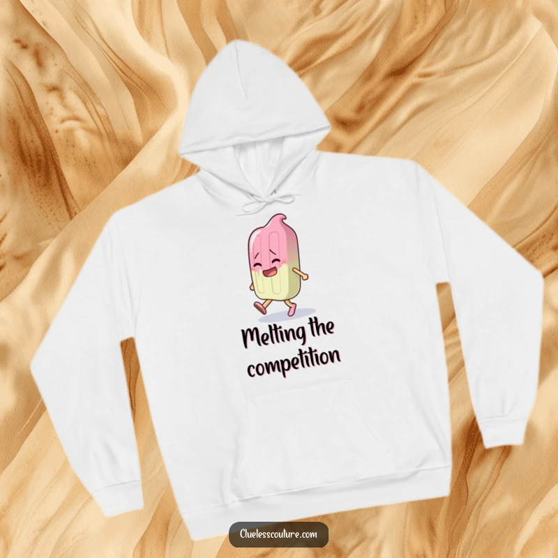 Funny hoodie depicting a popsicle character in a dramatic melt while trying to walk, a humorous and relatable scene.