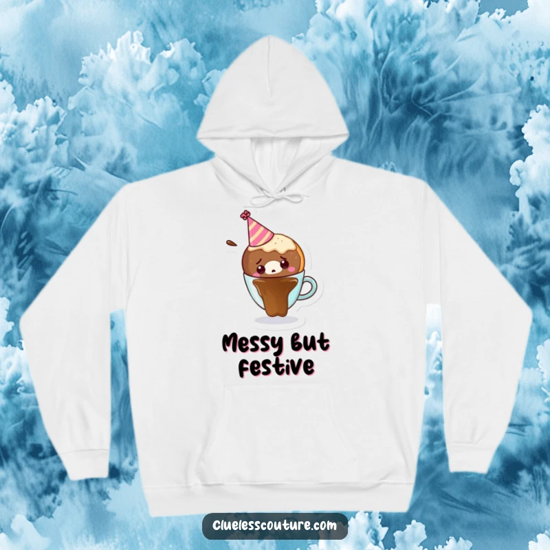 Comfortable hoodie showcasing a confused donut wearing a party hat, falling into a coffee cup, perfect for cozying up.