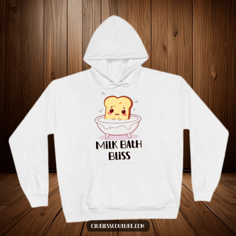 Funny hoodie featuring a bewildered piece of toast floating in a milk-filled bathtub, a humorous and cozy depiction of breakfast.