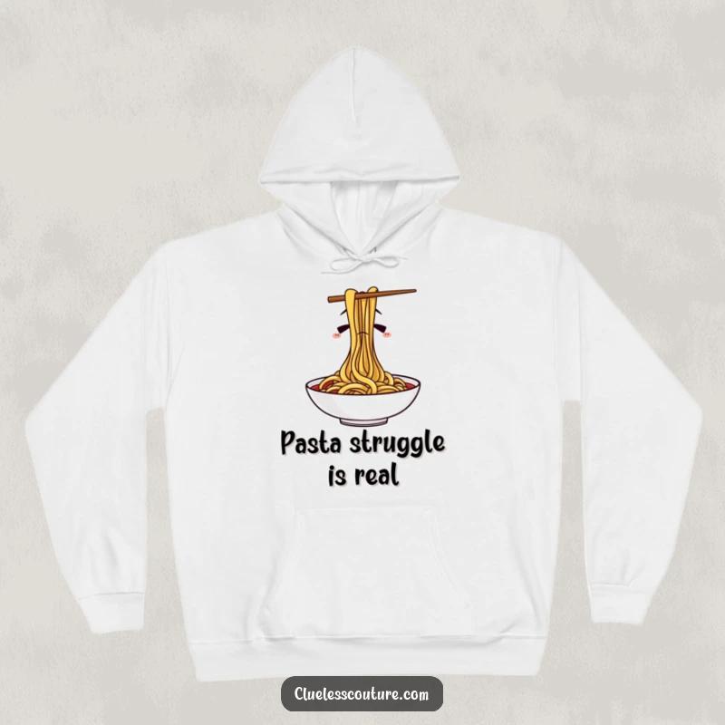 Funny hoodie depicting confused chopsticks wrestling with spaghetti, a humorous and cozy apparel choice for food lovers.