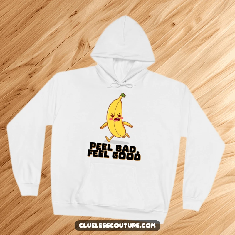 Funny, nervous banana character tripping on its peel while running, a warm and humorous hoodie for all.