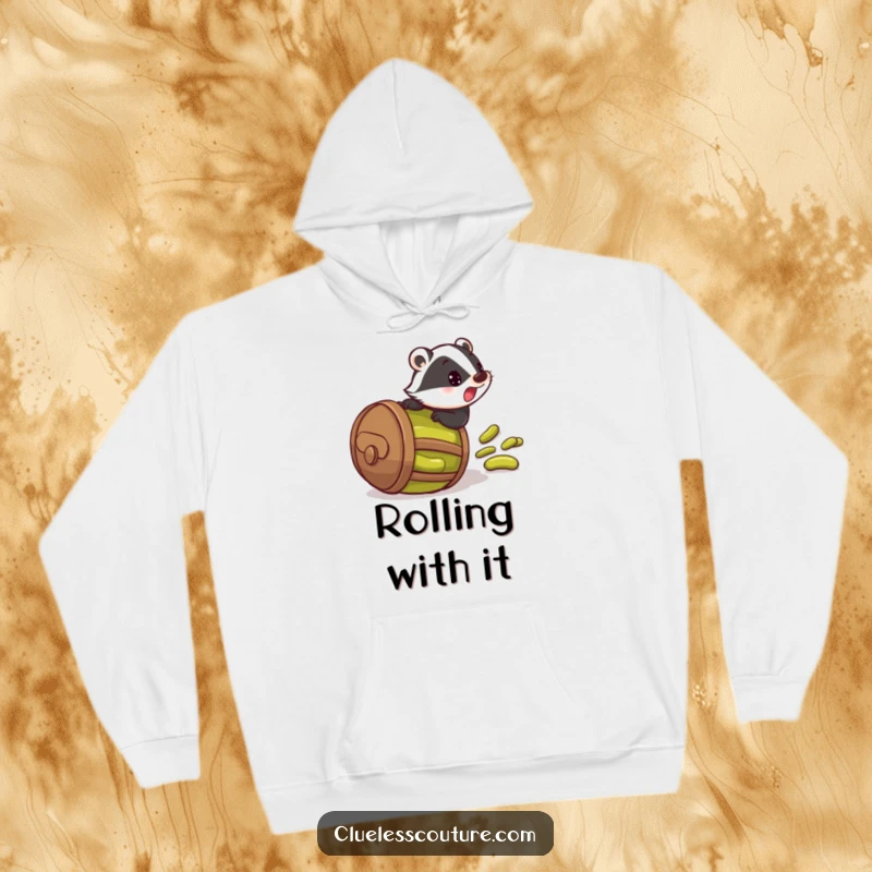 Funny hoodie featuring a startled badger rolling downhill in a barrel packed with pickles, a humorous and cozy design.