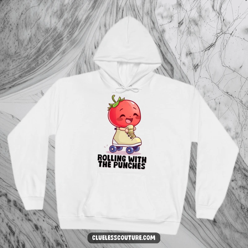 Funny giggling strawberry character riding a runaway roller skate, a warm and humorous hoodie.