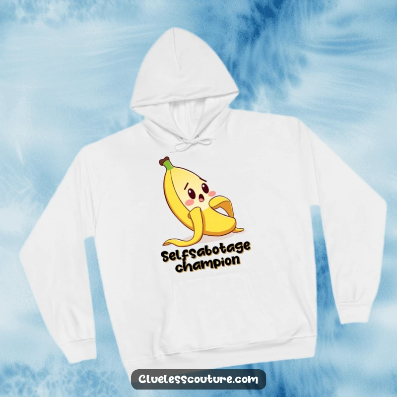 Funny hoodie showing a surprised banana peel comically slipping on itself, capturing a moment of pure cartoon chaos, a funny gift.