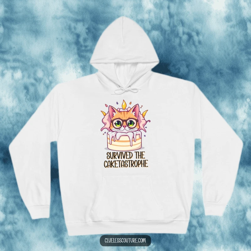 Funny bewildered cat wearing oversized spectacles peeking from behind a giant, exploding cake, captured on a cozy hoodie for humorous warmth.