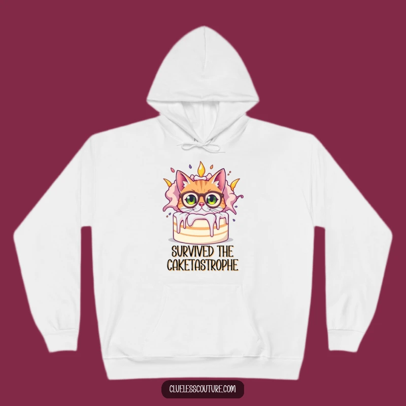 Funny Bewildered Cat Hoodie, Cozy Cake Chaos, Warm & Whimsical Winter Sweatshirt