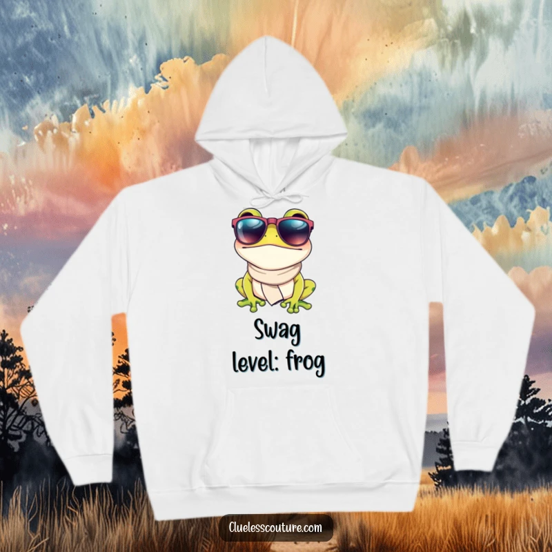 Funny hoodie featuring a fashionable frog wearing oversized sunglasses and a small scarf, providing cozy style and a humorous touch.