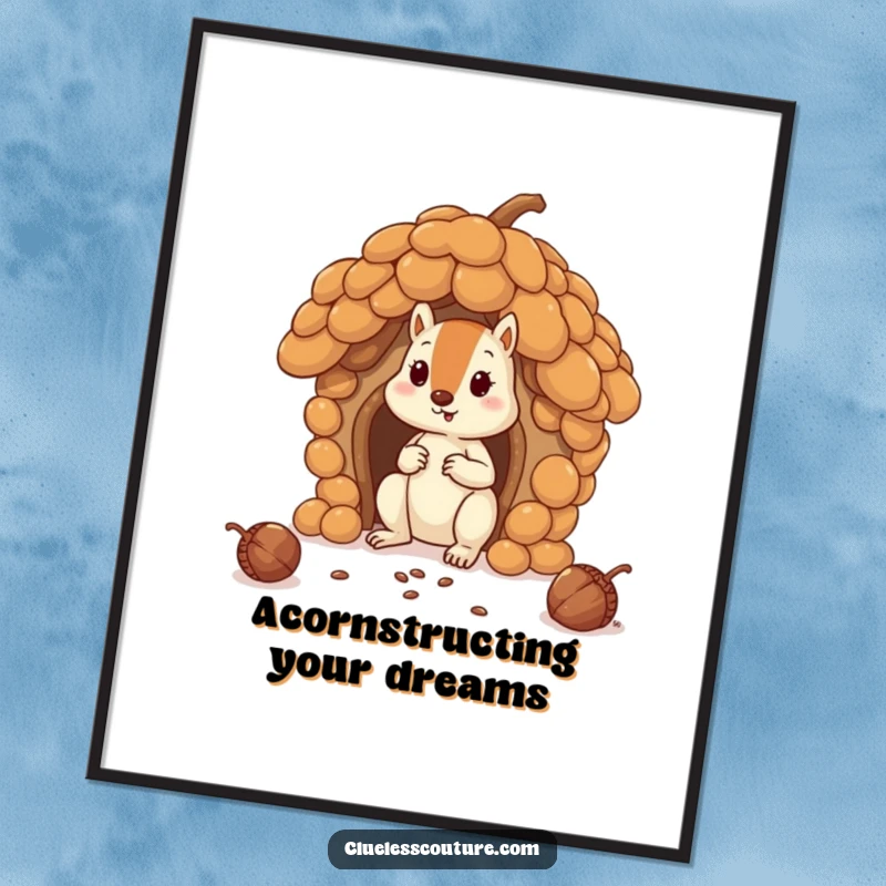 Funny Free Printable Wall Art: A busy squirrel humorously constructing a house using oversized acorns, bringing a smile.