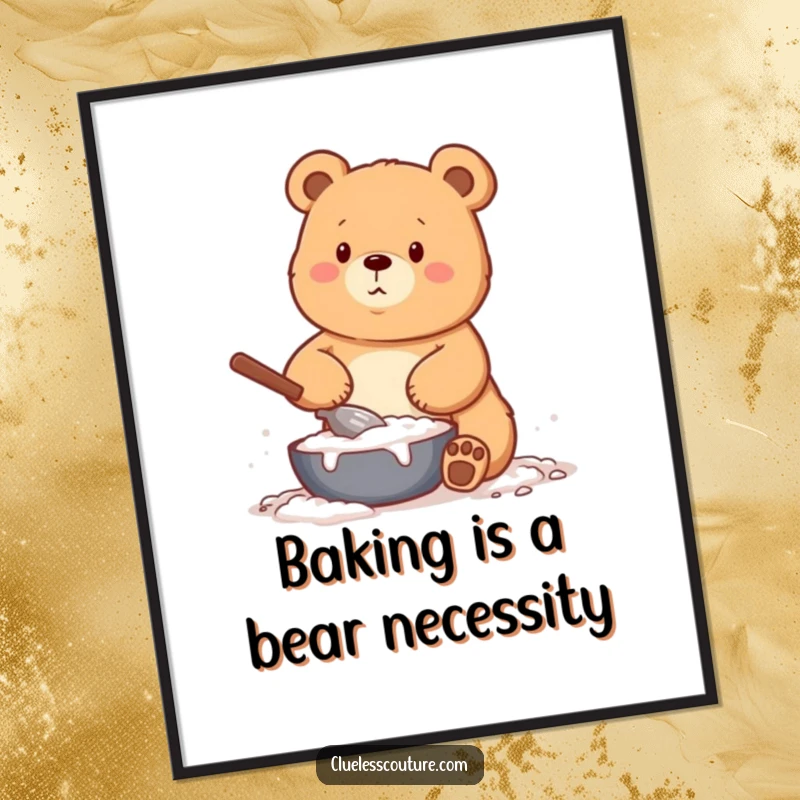 Funny free printable wall art: a bear is completely covered in flour, attempting to bake, a humorous downloadable art piece.