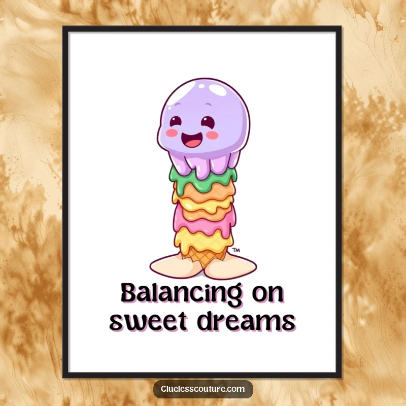 Funny Free Printable Wall Art: A wobbly jelly character precariously balances on a stack of melting ice cream cones.