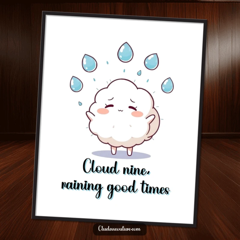 Funny Free Printable Wall Art: An overwhelmed cloud character comically juggles raindrops, bringing playful, whimsical charm to any wall.