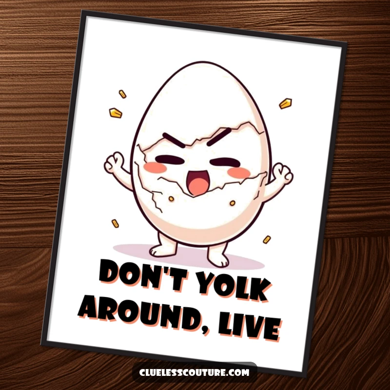 Funny Free Printable Wall Art: An egg character determinedly trying to crack itself open for a humorous breakfast scene.
