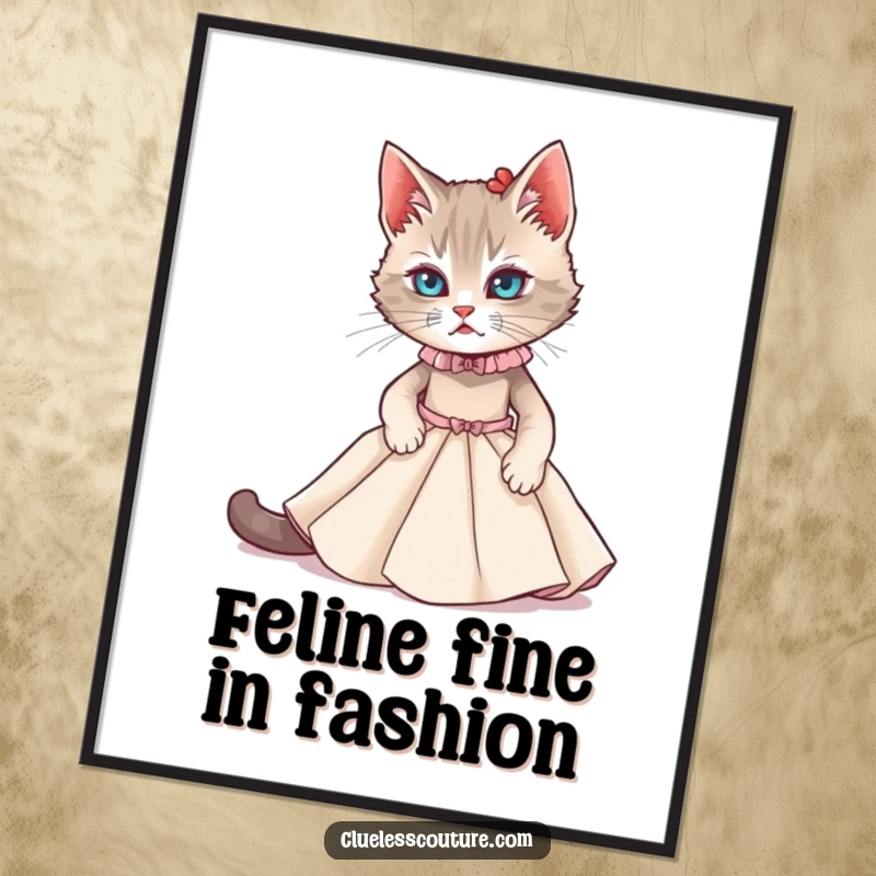 Funny Free Printable Wall Art: A cat struggling to fit into a miniature couture gown, adding humorous decor.