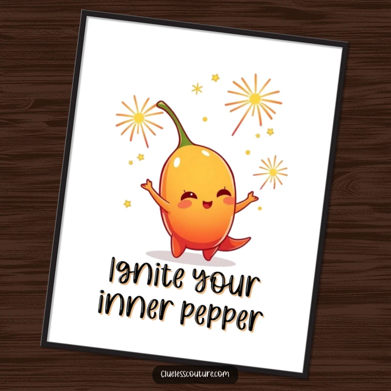 Funny Free Printable Wall Art: A playful chili pepper character energetically juggling tiny, sparkling fireworks with flair.
