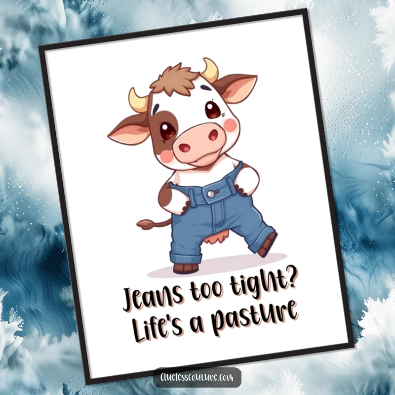 Funny Free Printable Wall Art: A confused cow hilariously wrestling with a pair of impossibly skinny jeans, farmhouse humor.