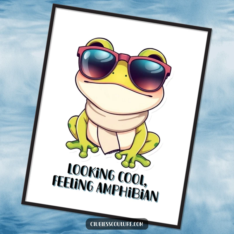 Funny Free Printable Wall Art: A hip frog wearing oversized sunglasses and a fashionable scarf, exuding cool confidence.