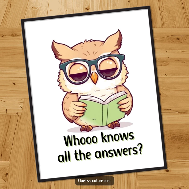 Funny Free Printable Wall Art: A confused owl wearing glasses, intently trying to read a tiny book, adding a humorous vibe.