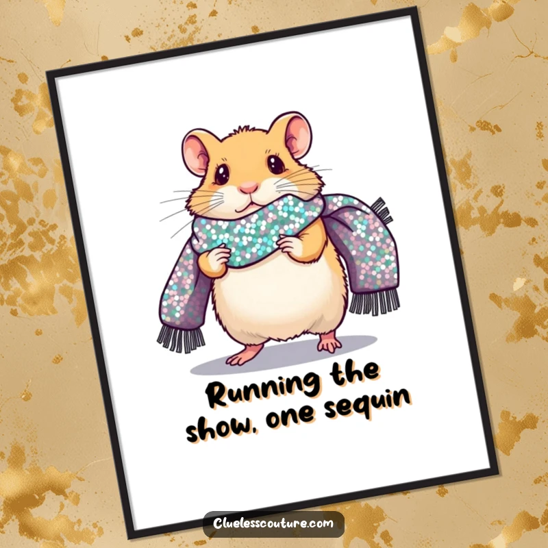 Funny Free Printable Wall Art: A tiny hamster looking anxious on a runway, draped in a ridiculously large sequined scarf.