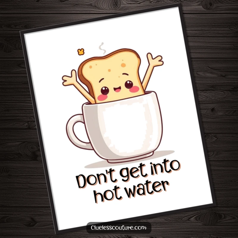 Funny Free Printable Wall Art: A sentient slice of toast comically falls into a giant coffee mug, bringing breakfast-themed whimsy.